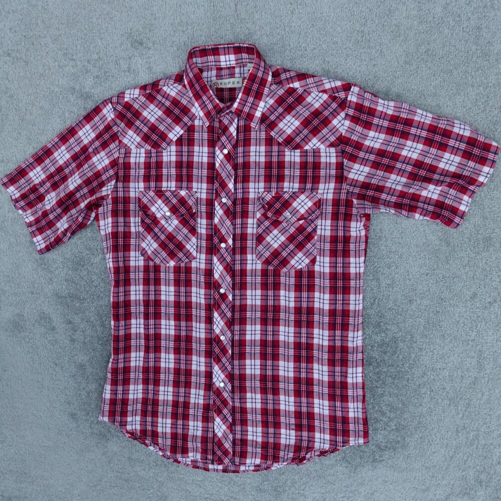 Roper Shirt Mens Medium Red Plaid Pearl Snap Short Sleeve Western Cowboy Pockets
